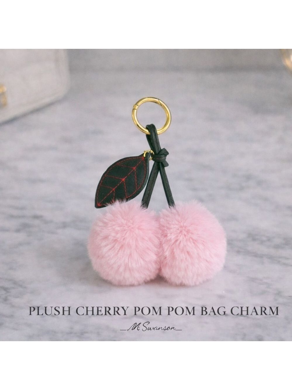 NEW Plush Cherry Pom Pom Bag Charm Keychain | Faux Fur | Light Pink